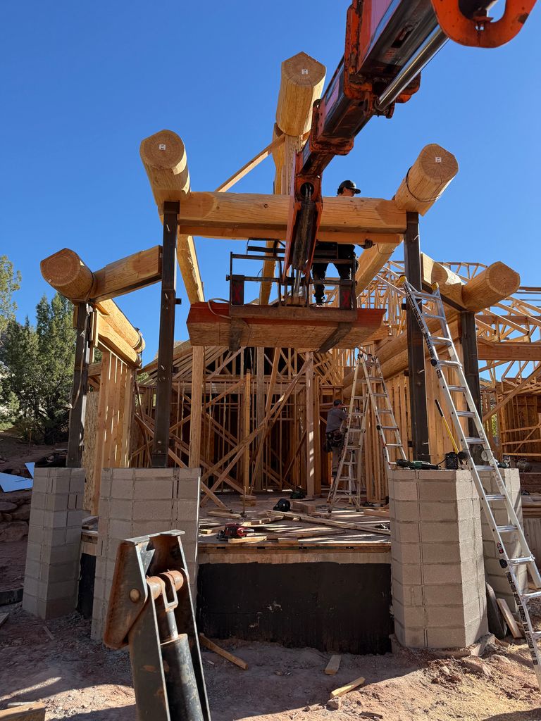 Close view of log-style roof framing
